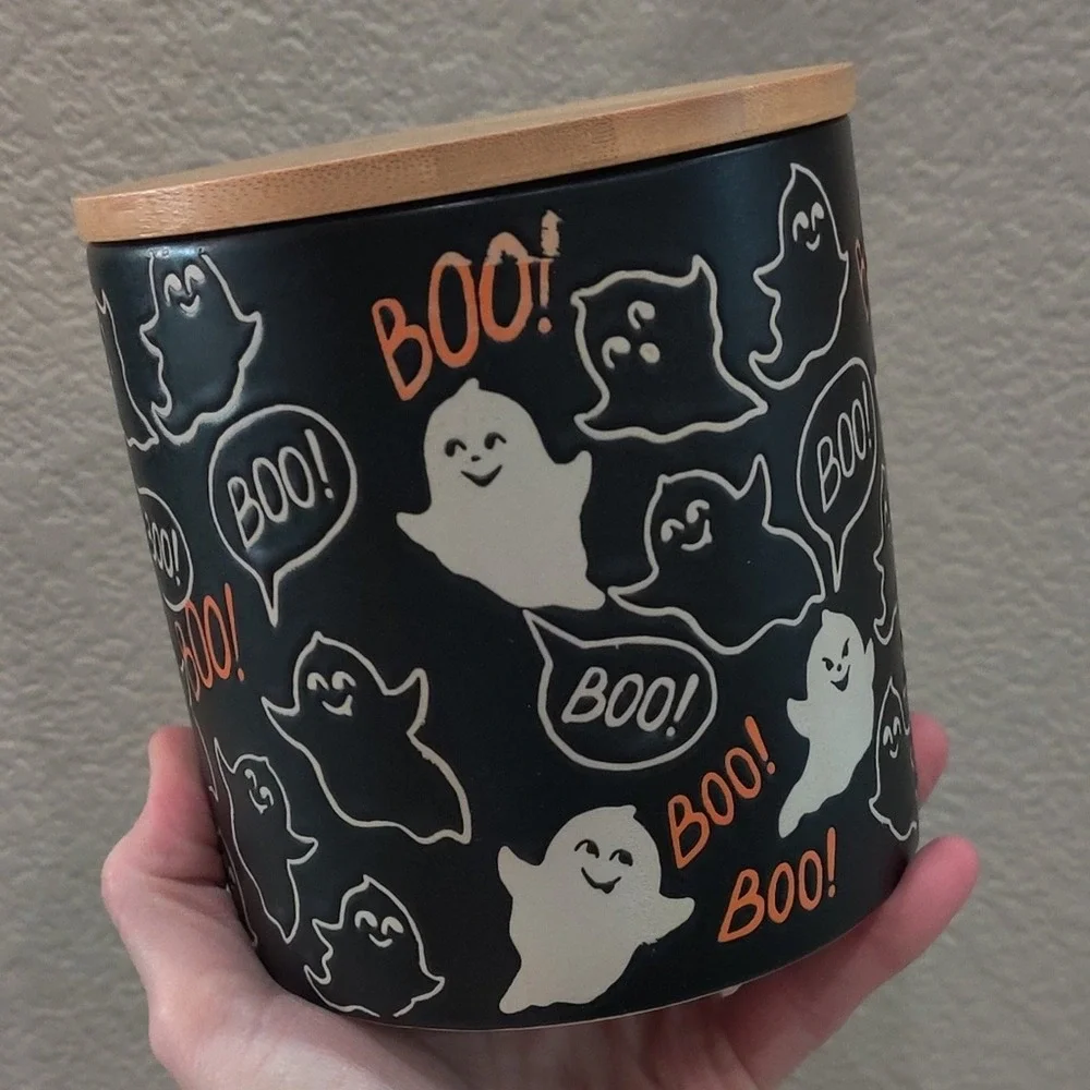 Inhomestylz Matte Black Ceramic Halloween Ghost Cellar Jar BOO